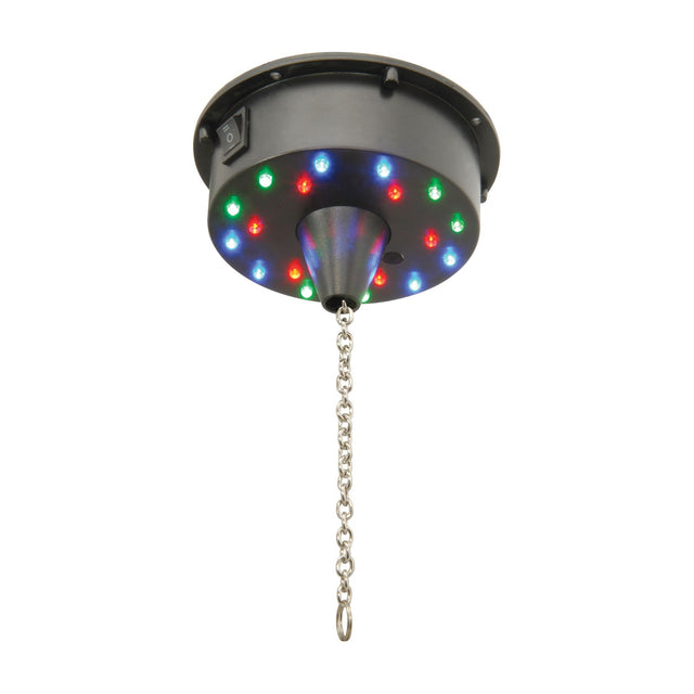 QTX battery-operated LED disco ball motor in black ABS with 18 RGB pin spot LEDs illuminated around the base and a chrome hanging chain below.