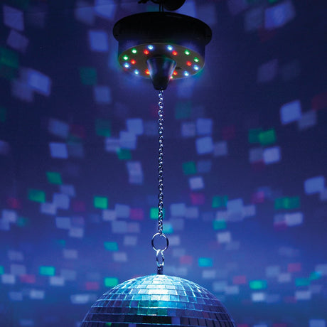 QTX battery operated LED disco ball motor by AVSL with 18 RGB pin spot LEDs and chrome chain, shown lit with a mirror ball projecting coloured light.