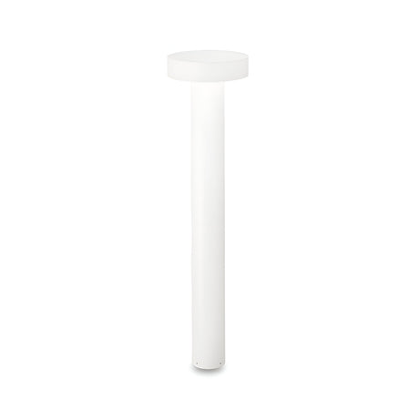 The Gloara Outdoor Bollard Light in white, standing at 80cm, features a minimalist design with a cylindrical base and flat circular top, making it ideal for illuminating contemporary gardens against a plain backdrop.