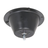QTX round disco ball motor by AVSL, matt black metal ceiling-mount housing with central spindle and mounting screws, shown on a white background.