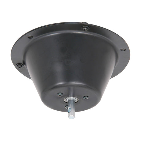 QTX round disco ball motor by AVSL, matt black metal ceiling-mount housing with central spindle and mounting screws, shown on a white background.