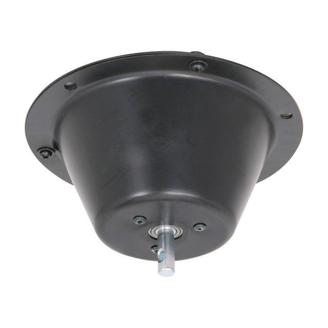 QTX round disco ball motor by AVSL, matt black metal ceiling-mount housing with central spindle and mounting screws, shown on a white background.