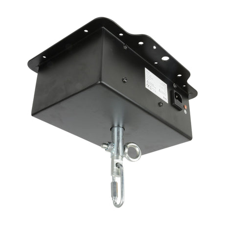 QTX rectangle disco ball motor by AVSL with black metal housing, IEC socket, and central eyebolt with suspension hook, shown on a plain white background.