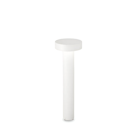 The Gloara Outdoor Bollard Light in white, measuring 60cm, features a sleek cylindrical design with a round top that exudes a minimalist and modern aesthetic. It stands alone against a plain white background, highlighting its simple and clean lines reminiscent of contemporary outdoor lighting solutions.