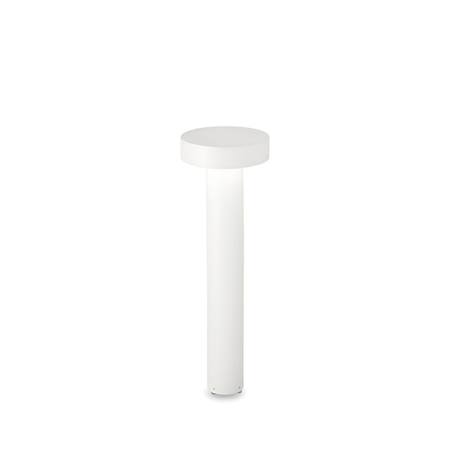 The Gloara Outdoor Bollard Light in white, measuring 60cm, features a sleek cylindrical design with a round top that exudes a minimalist and modern aesthetic. It stands alone against a plain white background, highlighting its simple and clean lines reminiscent of contemporary outdoor lighting solutions.