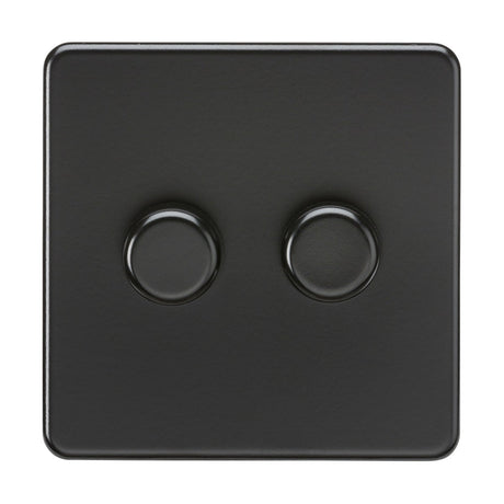 The 2 Gang 2-Way Intelligent Dimmer in Matt Black features a sleek, screwless design with rounded knobs for seamless lighting control, offering a modern look ideal for stylish interiors. Suitable for LEDs (5-150W) and other bulbs (10-200W).