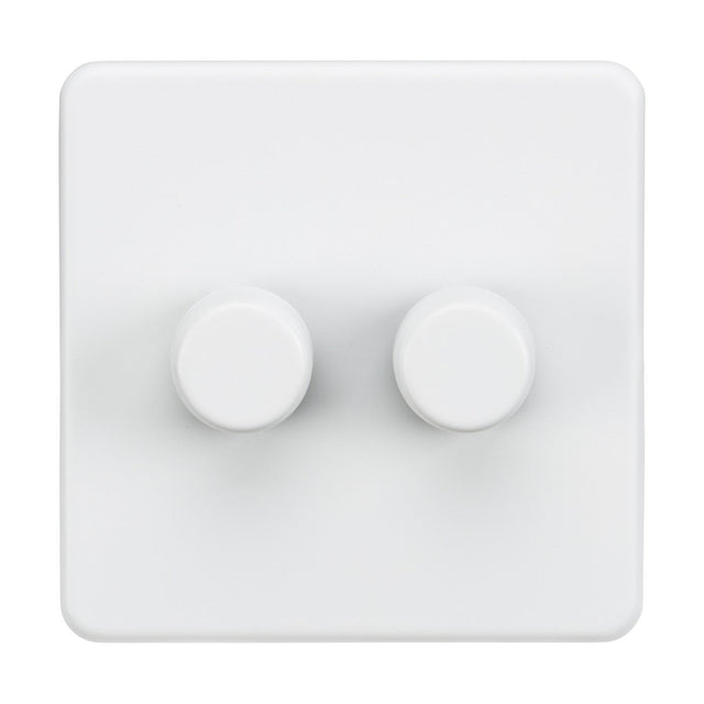 The 2 Gang 2-Way Intelligent Dimmer in Matt White is a screwless double dimmer switch with two round knobs on a square plate, providing precise lighting control. Its minimalistic and perfect for modern interiors.