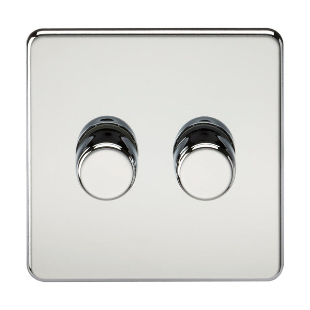 A polished chrome double dimmer light switch with a shiny, reflective finish and screwless design. The 2 Gang 2-Way Intelligent Dimmer features two round knobs centered on a square plate, offering a modern solution that blends seamlessly with dimmable lamps and functionality.