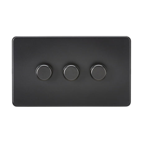 A stylish matt black rectangular light switch panel featuring three round dials, crafted as a screwless dimmer for effortless control of dimmable lamps, known as the 3 Gang 2-Way 10-200W (LED 5-150W) Intelligent Dimmer.