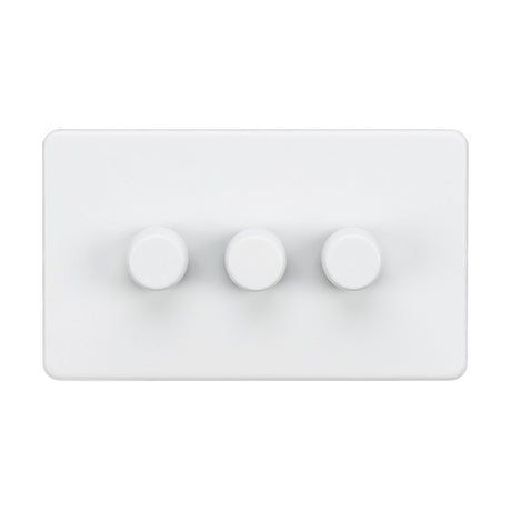 The 3 Gang 2-Way 10-200W (5-150W LED) Intelligent Dimmer in matt white features a rectangular design with a low profile. It has three circular, centrally aligned knobs for effortless control of dimmable lamps, and a minimalist screwless panel provides a smooth surface.