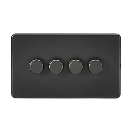 Introducing the 4 Gang 2-Way 10-200W (LED 5-150W) Intelligent Dimmer in Matt Black: this stylish rectangular panel features four round dimmer knobs aligned horizontally, perfect for controlling dimmable lamps. Its smooth, glossy surface and screwless dimmers create an effortlessly modern and minimalist design.