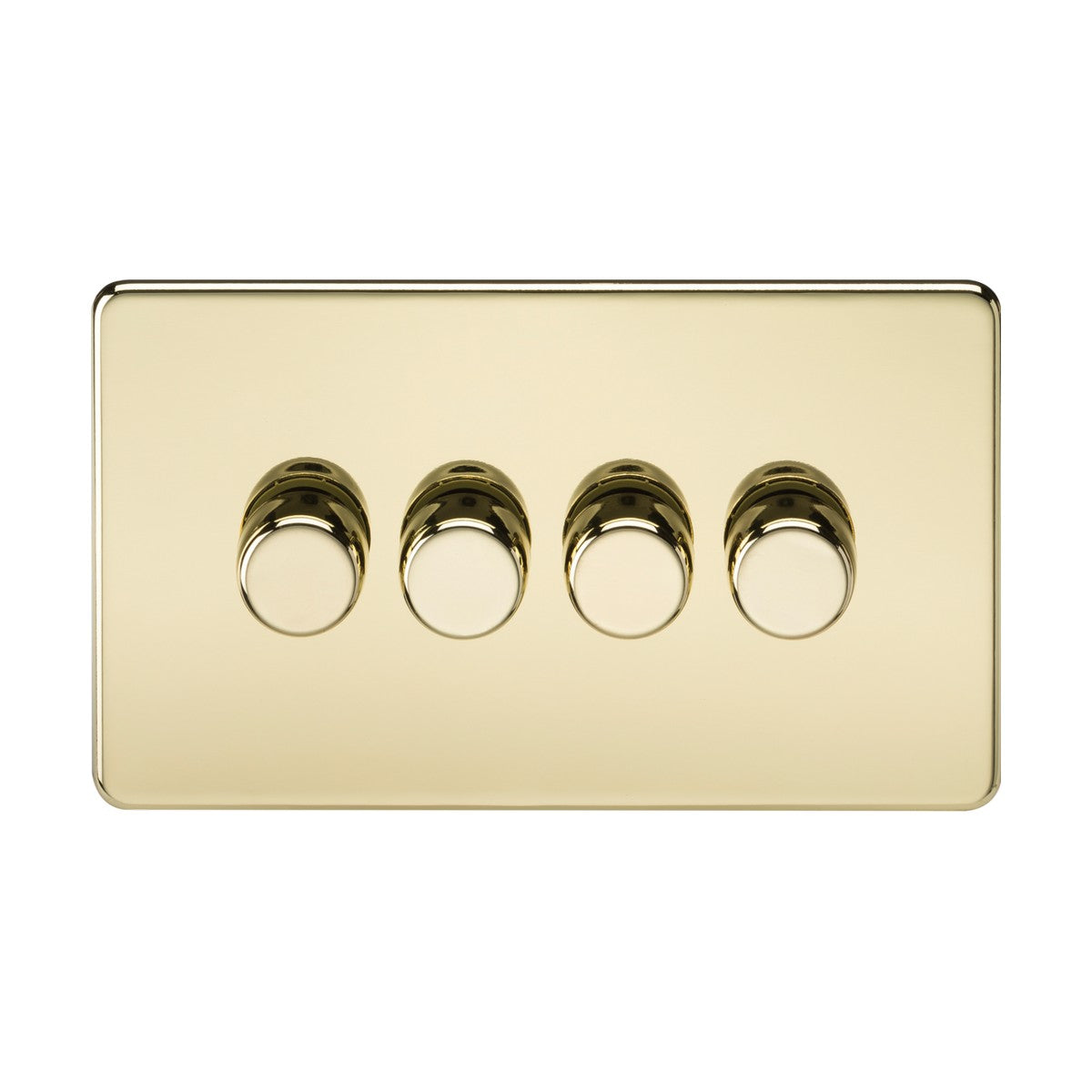 The 4 Gang 2-Way 10-200W (5-150W LED) Intelligent Dimmer in polished brass showcases a sleek and modern design, with round knobs glinting under light on its seamless, low-profile rectangular base.