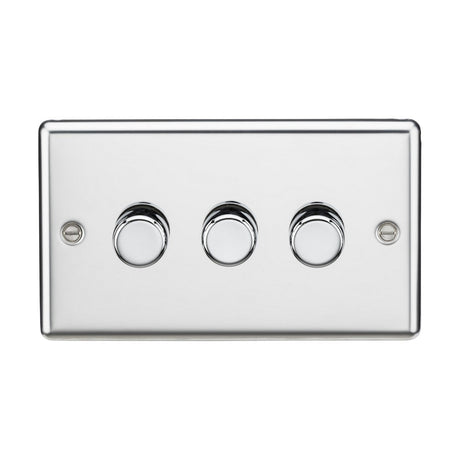 A polished chrome switch panel with three round buttons, each highlighted by a bezel, is set on a rectangular plate. The 3 Gang 2-Way 10-200W (5-150W LED) Intelligent Dimmer is designed for dimmable lamps using trailing-edge mode and is securely mounted with two visible screws on the sides.