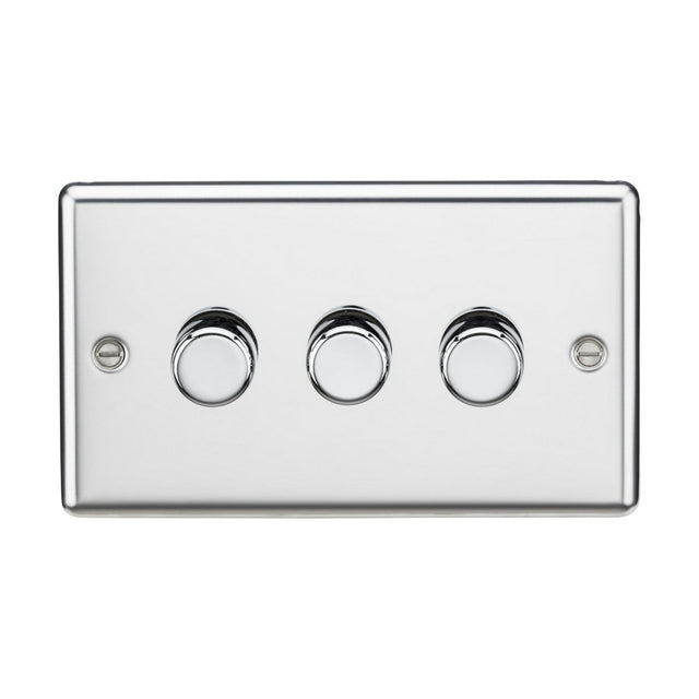 A polished chrome switch panel with three round buttons, each highlighted by a bezel, is set on a rectangular plate. The 3 Gang 2-Way 10-200W (5-150W LED) Intelligent Dimmer is designed for dimmable lamps using trailing-edge mode and is securely mounted with two visible screws on the sides.