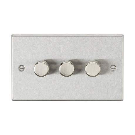 A rectangular brushed chrome dimmer switch panel, known as the 3 Gang 2-Way 10-200W (5-150W LED) Intelligent Dimmer with a square edge design, features three round rotary dimmer knobs aligned horizontally in the center and includes two screws on either side for easy mounting.