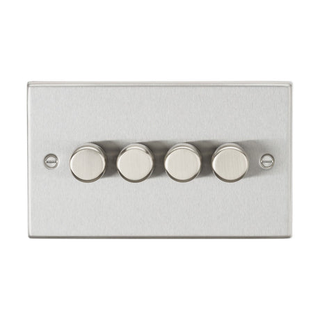 The 4 Gang 2-Way 10-200W (5-150W LED) Intelligent Dimmer in brushed chrome, with a square edge and visible screw design, showcases four round dimmer switches operating in trailing-edge mode. Mounted on a white background, it enhances your lighting system with style and overload protection.