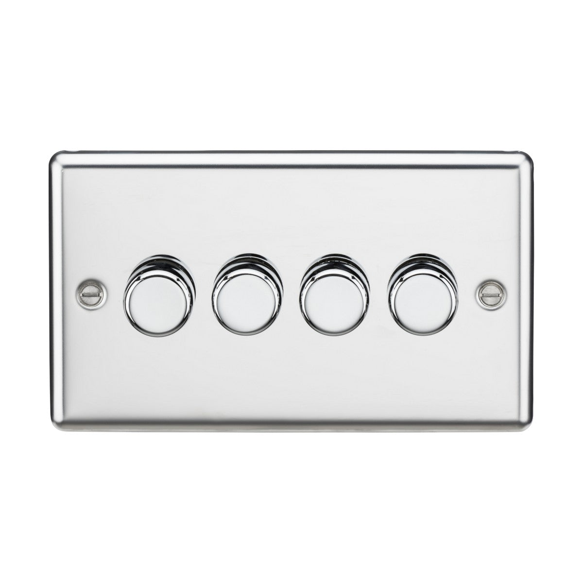 Introducing the 4 Gang 2-Way Intelligent Dimmer in Polished Chrome, featuring a sleek panel with four round toggle switches. Its reflective surface is complemented by two visible mounting screws, ensuring easy installation. This dimmer supports trailing-edge mode solutions for seamless control and includes overload protection to ensure safety, accommodating between 10-200W (5-150W LED) of power.