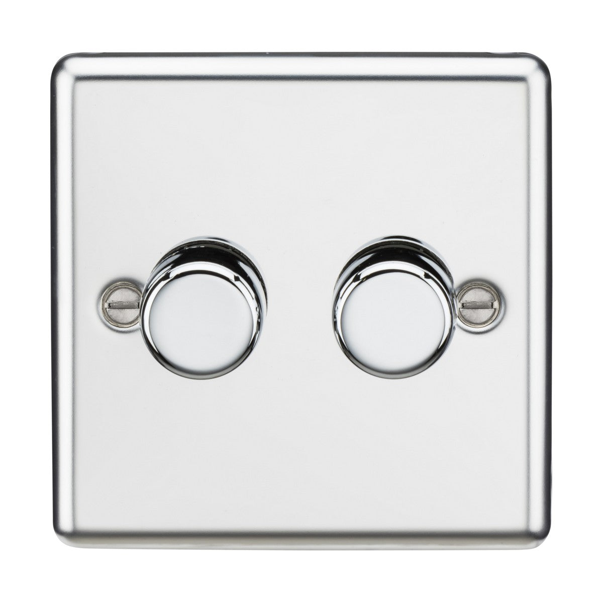 The 2 Gang 2-Way 10-200W (5-150W LED) Intelligent Dimmer in polished chrome features a sleek design with a square stainless steel face and two round rocker switches, perfect for dimmable lamps. The reflective finish is enhanced by the rounded edge design and includes visible screws on each side for easy mounting.