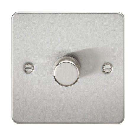 The 1 Gang 2-Way 10-200W (5-150W LED) Intelligent Dimmer - Brushed Chrome (Flat Plate) is designed for dimmable lamps, featuring a single round knob on a sleek square plate with two visible screws on each side.