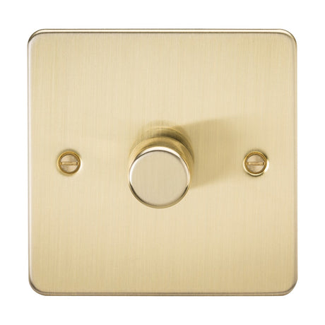 The 1 Gang 2-Way Intelligent Dimmer in brushed brass features a circular knob on a square plate, compatible with LED lights. The flat plate has a brushed texture and two visible screws beside the knob.