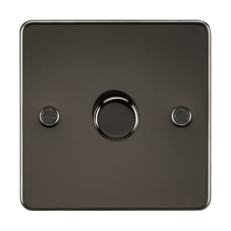 The image showcases the sleek 1 Gang 2-Way 10-200W (5-150W LED) Intelligent Dimmer in gunmetal, featuring a central knob and two side screws. Set against a white background, it highlights its modern design and advanced overload protection on a flat plate.