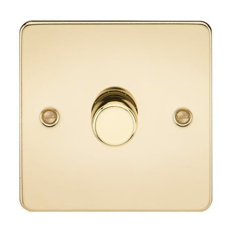 A polished brass flat plate dimmer switch, known as the 1 Gang 2-Way 10-200W (5-150W LED) Intelligent Dimmer, features a central trailing-edge mode dial and is framed by two visible screws on either side.