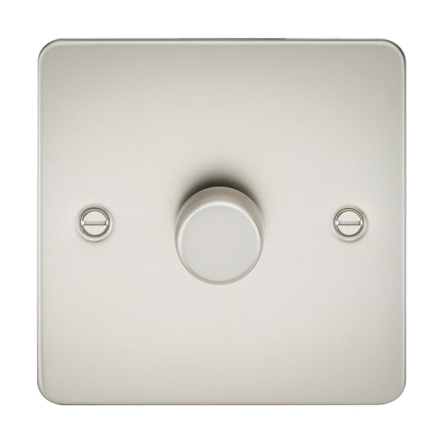 A 1 Gang 2-Way 10-200W (5-150W LED) Intelligent Dimmer in pearl finish, featuring a square metallic design with a central round dial and screws on each side, is displayed against a plain background.