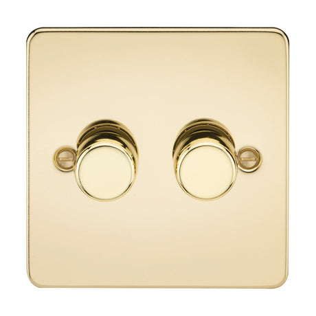 The 2 Gang 2-Way 10-200W (5-150W LED) Intelligent Dimmer in polished brass features a square plate design with two round knobs, making it ideal for decorative interior settings. This flat plate dimmer is perfect for dimmable lamps and includes subtle screws that enhance its sleek appearance.