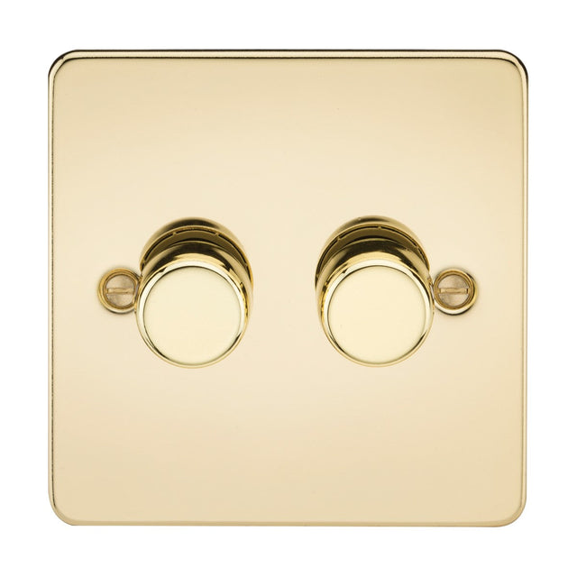 The 2 Gang 2-Way 10-200W (5-150W LED) Intelligent Dimmer in polished brass features a square plate design with two round knobs, making it ideal for decorative interior settings. This flat plate dimmer is perfect for dimmable lamps and includes subtle screws that enhance its sleek appearance.