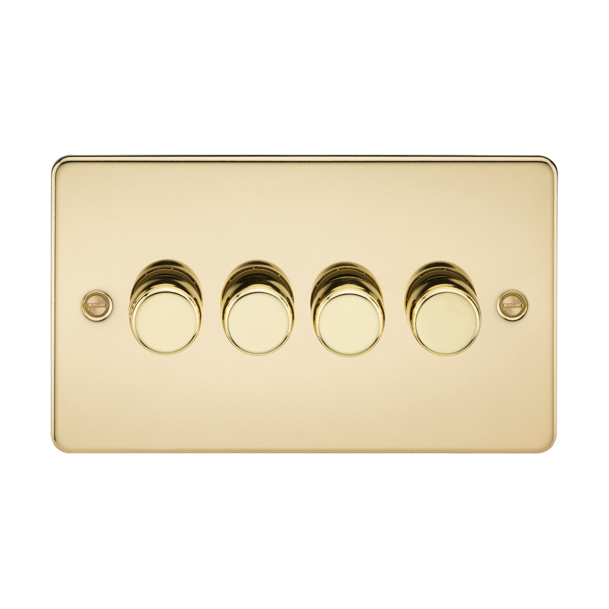 The Polished Brass 4 Gang 2-Way Intelligent Dimmer (Flat Plate) includes four round dimmer knobs in a sleek design, providing an elegant lighting solution for any room.