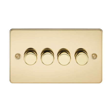 The Polished Brass 4 Gang 2-Way Intelligent Dimmer (Flat Plate) includes four round dimmer knobs in a sleek design, providing an elegant lighting solution for any room.