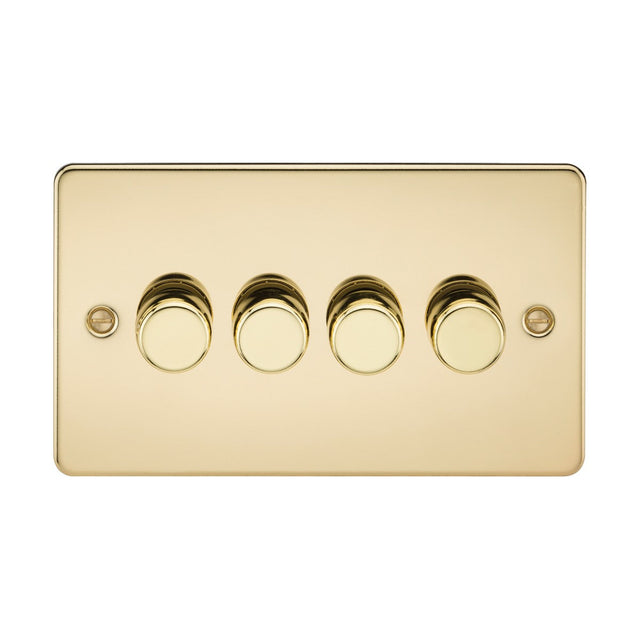 The Polished Brass 4 Gang 2-Way Intelligent Dimmer (Flat Plate) includes four round dimmer knobs in a sleek design, providing an elegant lighting solution for any room.