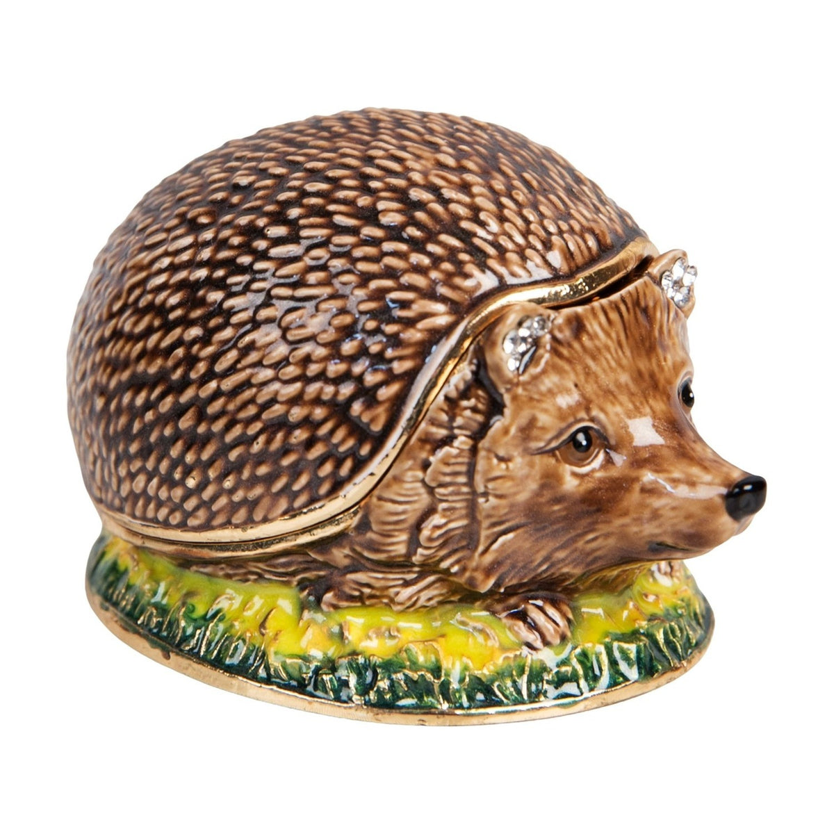 Hand Painted Hedgehog Metal Trinket Box with Hinged Lid - Brown
