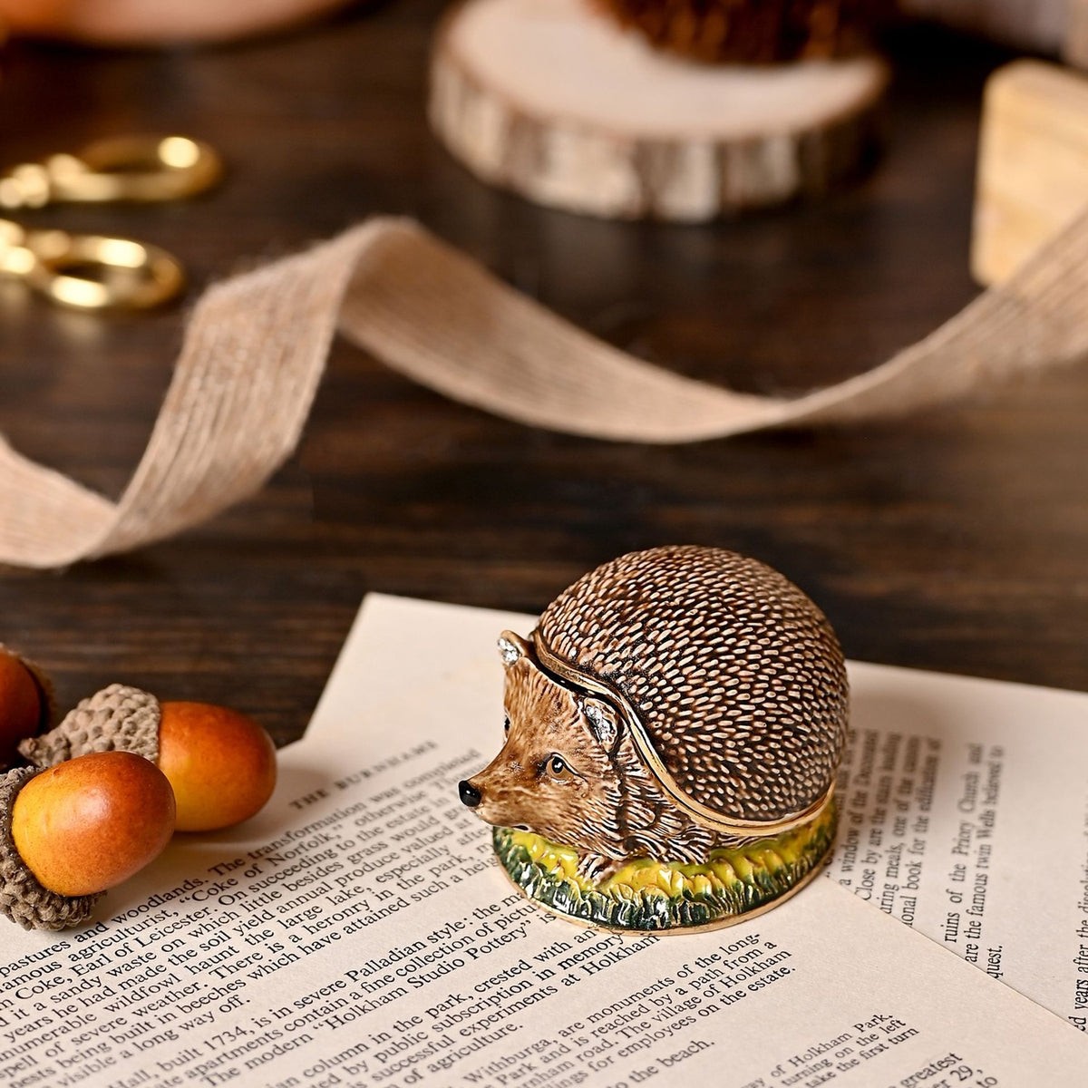 Hand Painted Hedgehog Metal Trinket Box with Hinged Lid - Brown