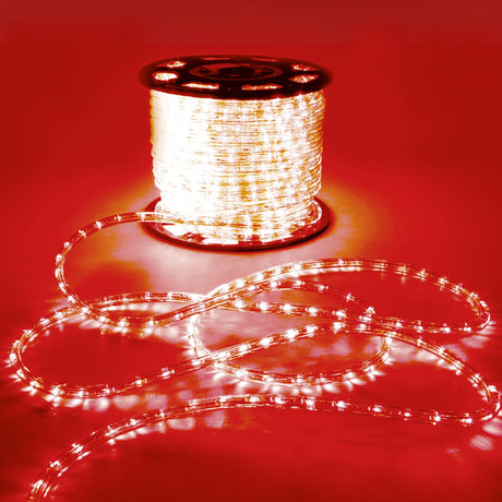 LYYT 50m LED rope light reel by AVSL, illuminated flexible tube coiled on a spool with loose length trailing across a red-lit surface.