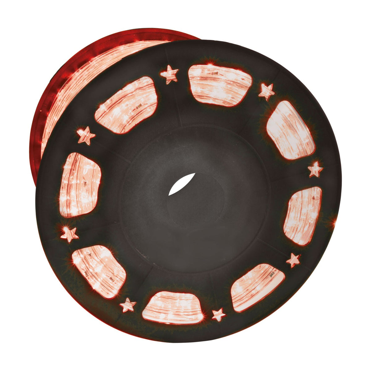 LYYT 50m red LED rope light coiled on a black plastic reel with illuminated red tubing visible through the spool openings.