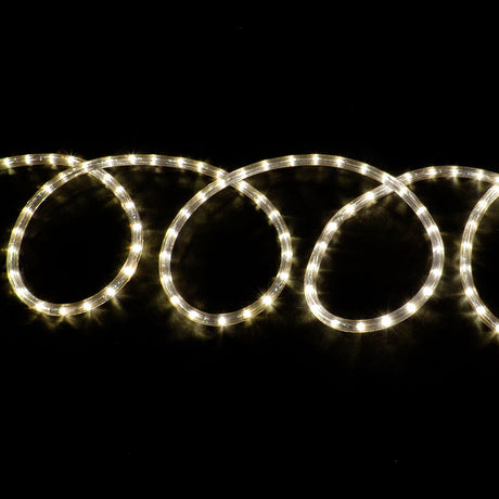 LYYT 50m LED rope light coiled in illuminated loops emitting warm white 2800K glow against a black background.
