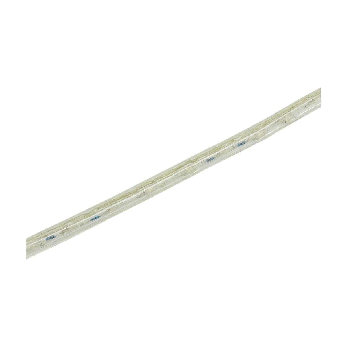 LYYT 230V IP44 LED rope light shown as a clear flexible tube with visible internal warm white LEDs and resistors, set against a white background.