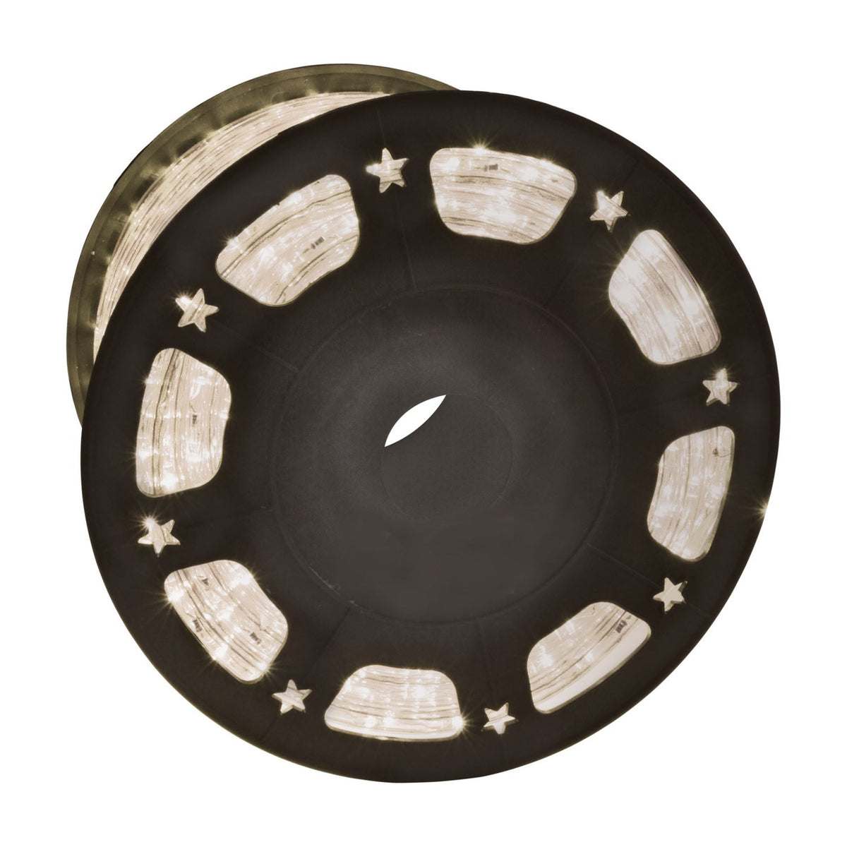 LYYT 50m LED rope light on a black reel, illuminated warm white through cut-out slots, shown against a plain background.