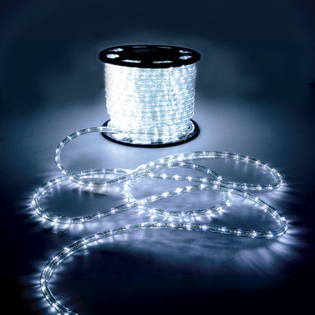 LYYT 50m LED rope light reel by AVSL with cool white 5000K illumination, clear PVC tube unspooled and coiled across a dark surface.