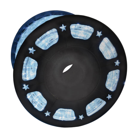 LYYT 50m LED rope light reel by AVSL, cool white 5000K illumination coiled on a black plastic spool with star-shaped cutouts on a white background.
