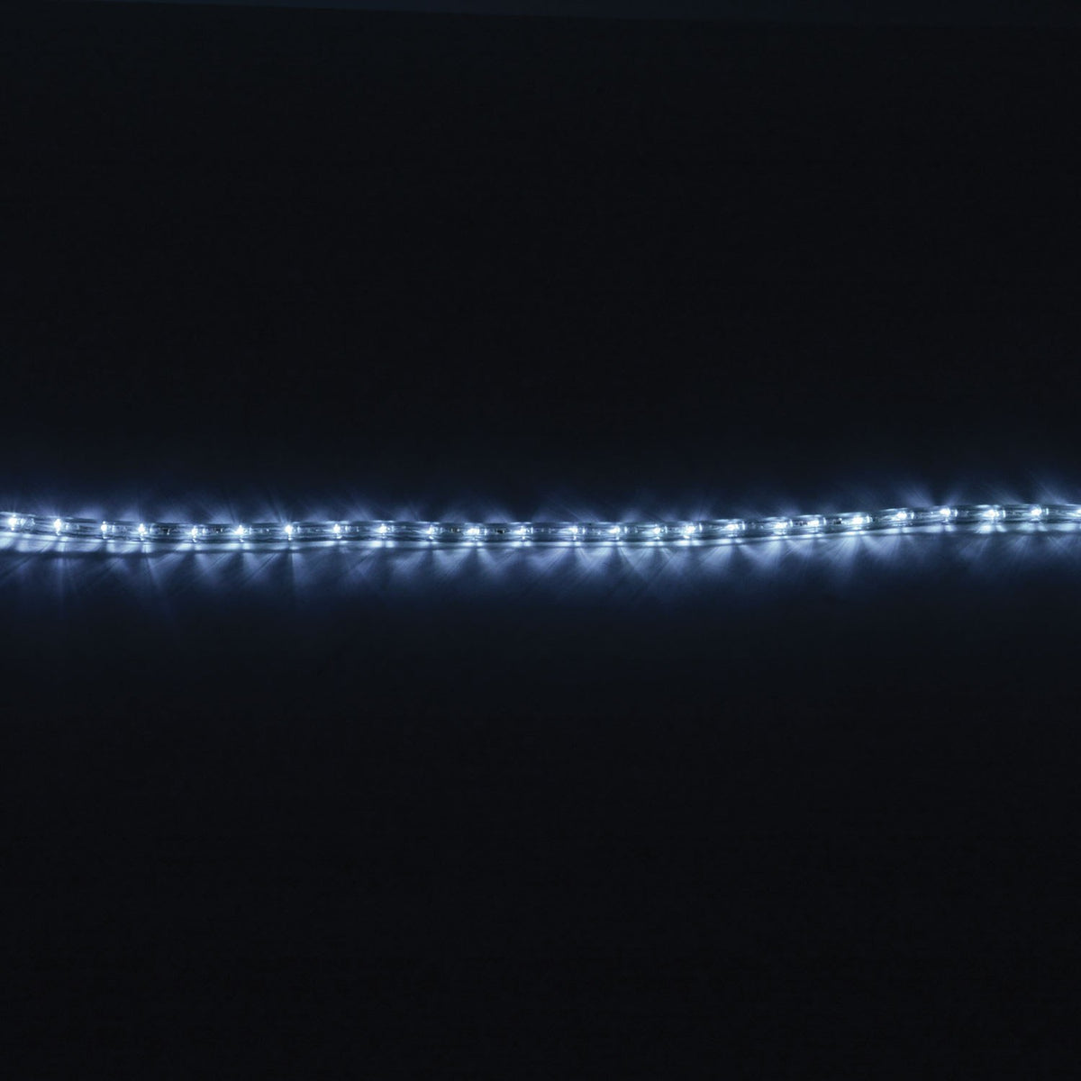 LYYT 50m LED rope light illuminated in cool white 5000K, shown as a horizontal line of bright LEDs within a clear flexible tube against a black background.