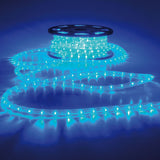 LYYT 50m LED rope light on a black reel with blue illuminated PVC tubing coiled and trailing across a blue-lit surface.