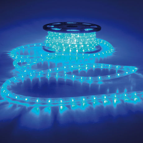 LYYT 50m LED rope light on a black reel with blue illuminated PVC tubing coiled and trailing across a blue-lit surface.