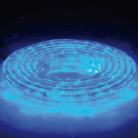 AVSL LYYT 50m LED rope light coiled and illuminated in vivid blue, showing the flexible clear tubing with integrated LEDs against a dark background.