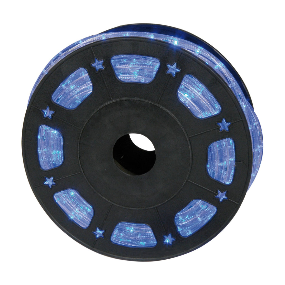 LYYT 50m blue LED rope light wound on a black plastic reel with star cut-outs, illuminated blue tubing visible through openings.