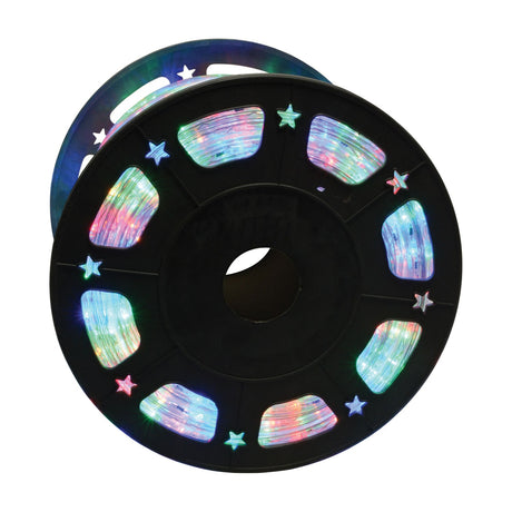 LYYT 50m multicoloured LED rope light by AVSL wound on a black plastic reel, showing red, green, blue and white LEDs through star-shaped cutouts.
