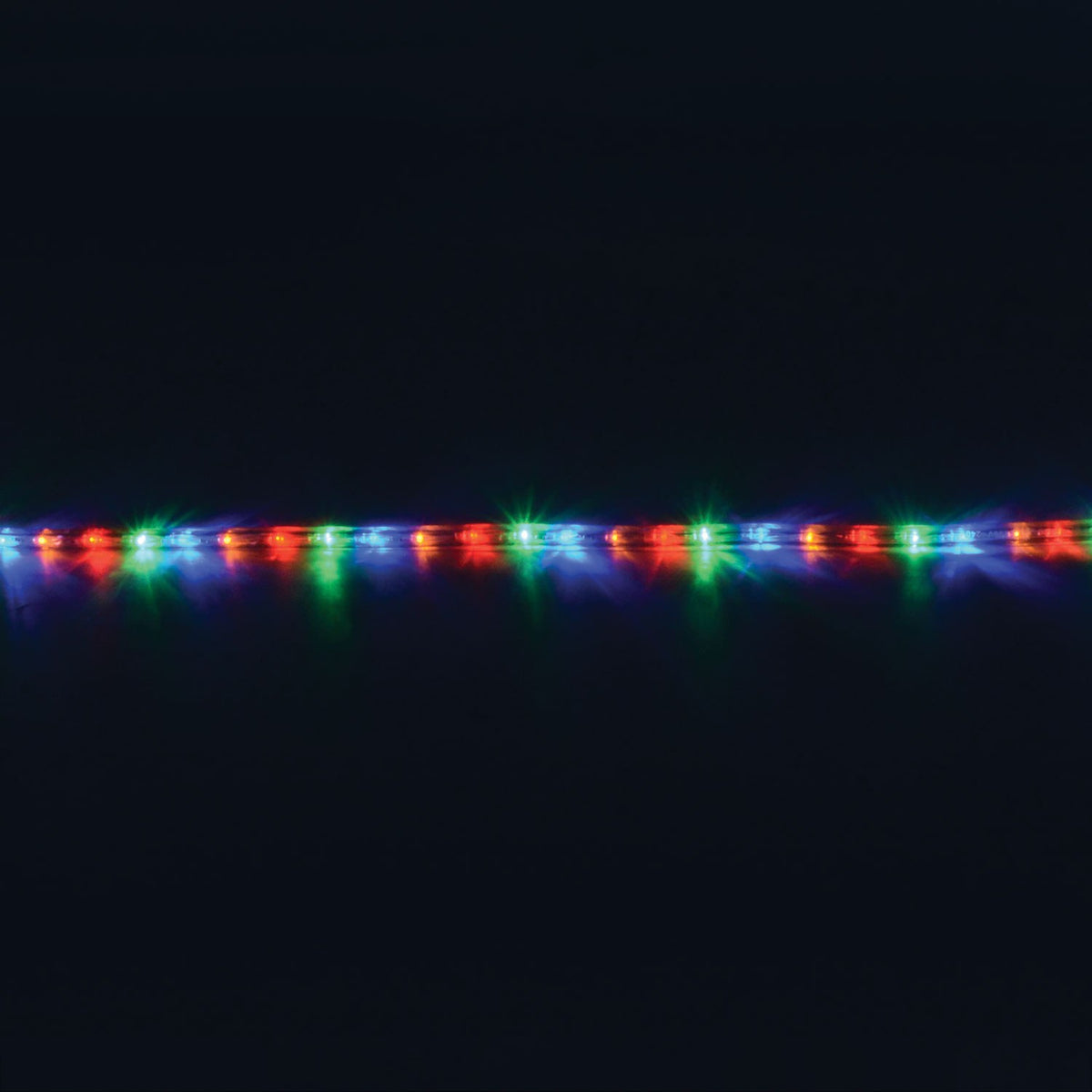 LYYT 50m multicoloured LED rope light illuminated against a black background, showing red, green, blue and white LEDs along the clear flexible tube.