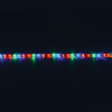 LYYT 50m multicoloured LED rope light illuminated against a black background, showing red, green, blue and white LEDs along the clear flexible tube.