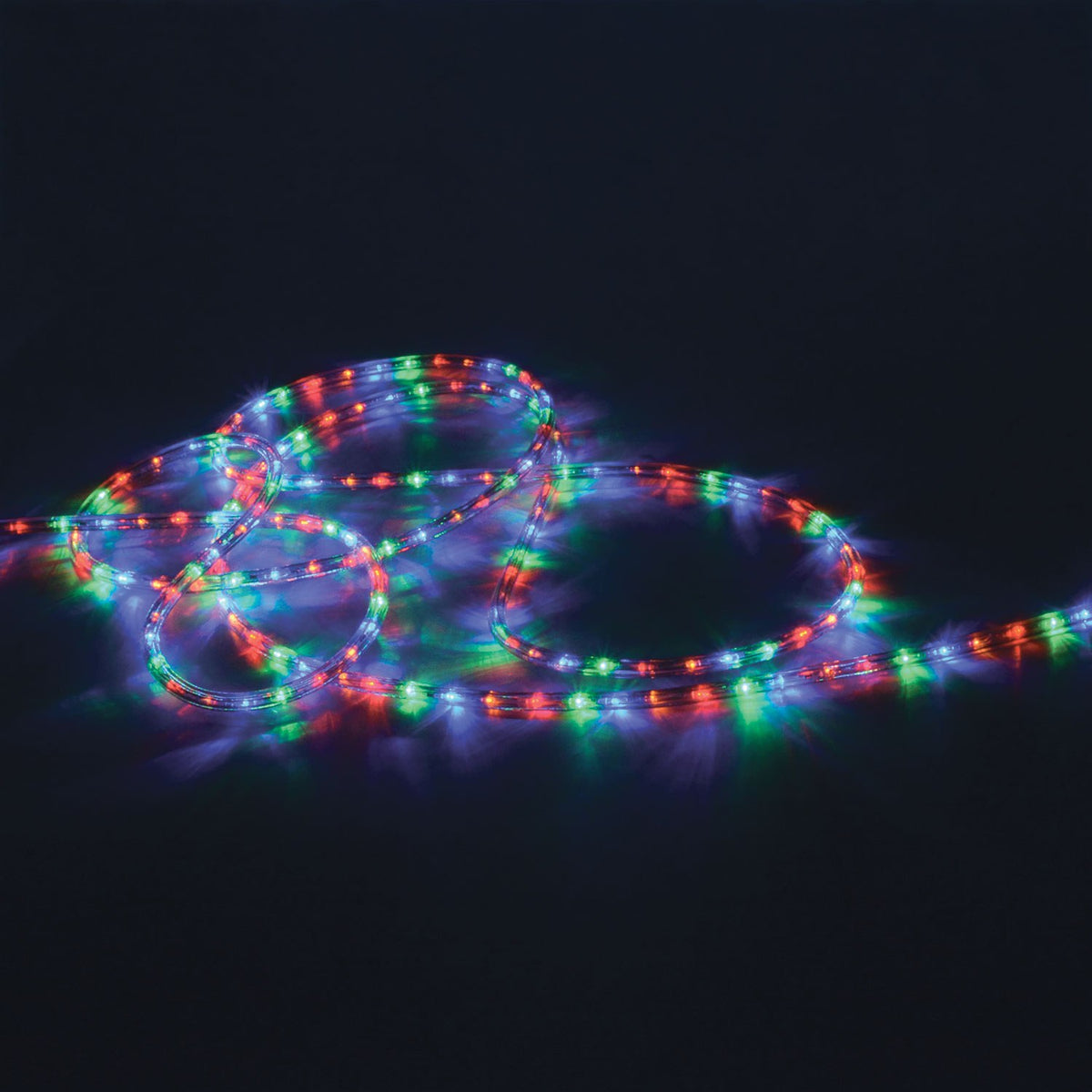 LYYT 50m multicoloured LED rope light coiled and illuminated with red, green, blue and white LEDs against a black background.